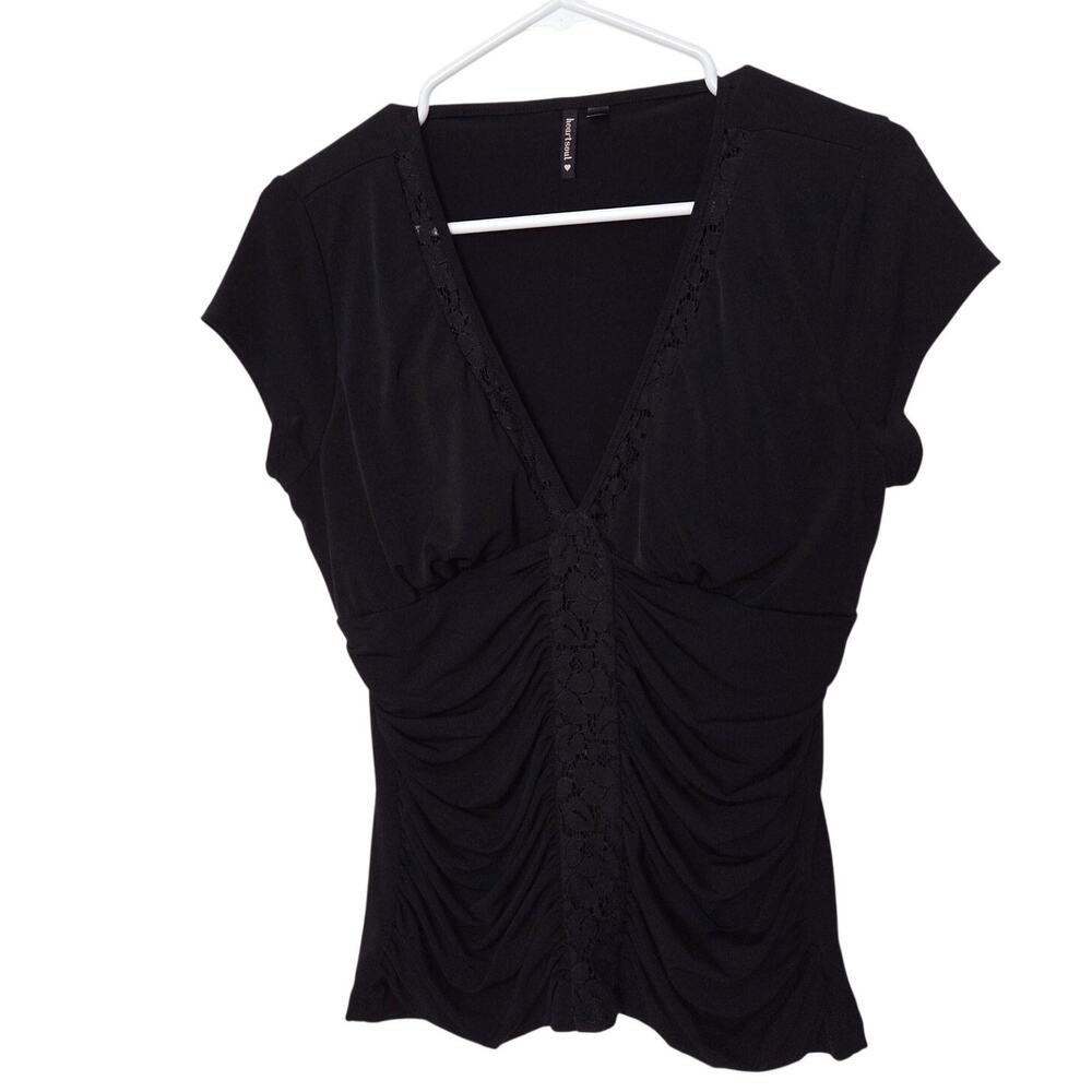 HeartSoul Black Lace Ruched Front V-Neck Y2K Top Short Sleeve Blouse Size XL